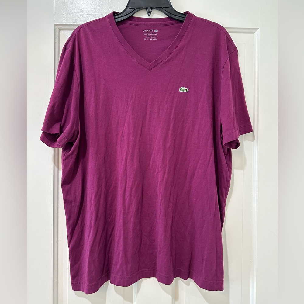 Lacoste men’s v neck maroon burgundy shirt sleeve t shirt